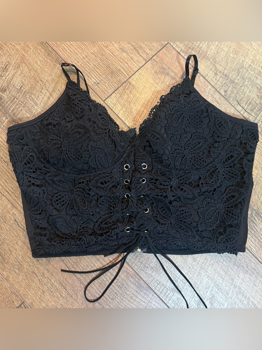 Romwe Black Floral Lace Corset Bralette Crop Top Lace Up Zip Back Women’s Large